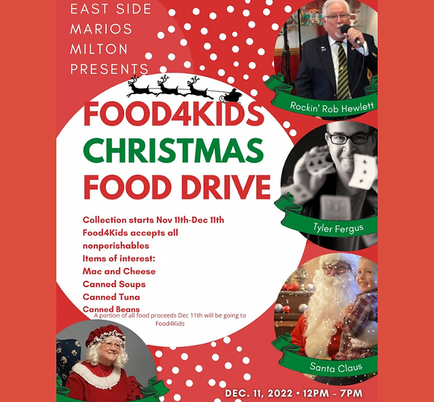 east side marios milton presents food 4 kids christmas drive collection starts novemeber 11 to december 11 food for kids accepts all non perishables iteams of interest mac and chese, canned soup, canned tuna, canned beans