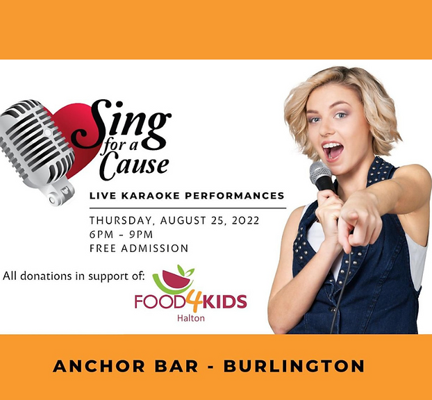 sing for a cause, live karaoke performances, thrusday, august 25, 2022, 6pm-9pm, free admission, all donations support food 4 kids, anchor bar, burlington