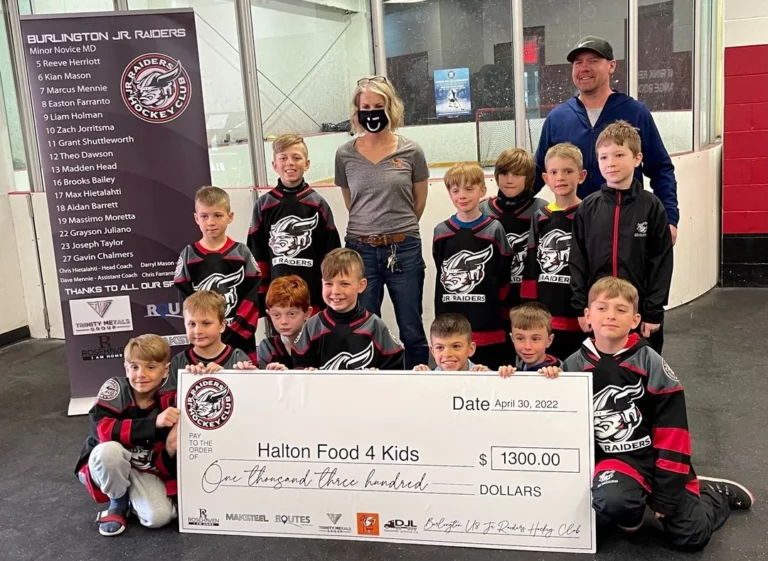 hockey team posing with a check of money raised for halton food 4 kids
